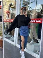 Üç İplik Siyah Oversize Kadın Sweatshırt