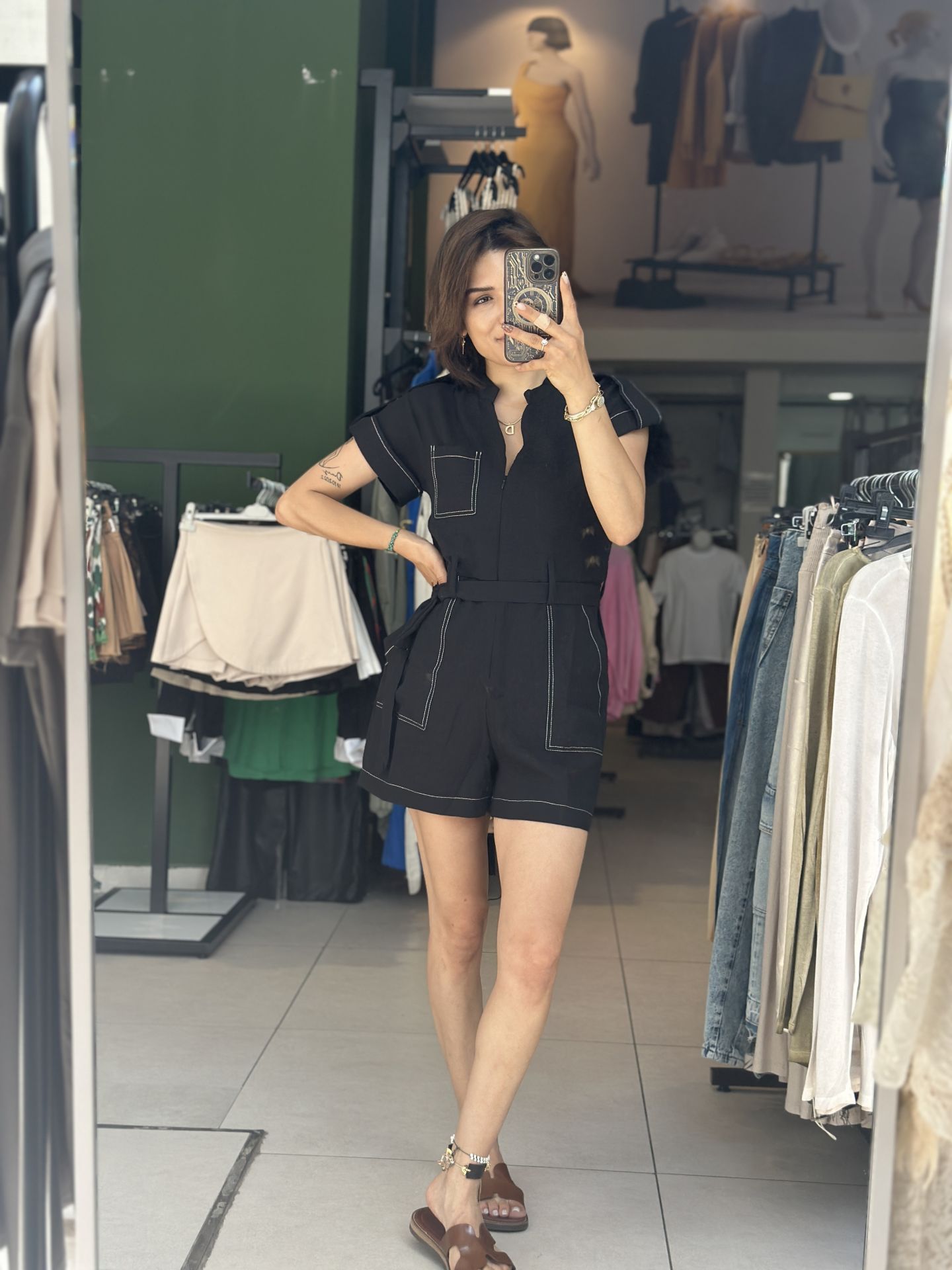 Kot Görünümlü Sortlu Tulum SİYAH - L