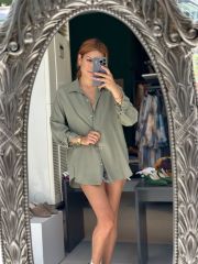 HAKİ YEŞİL KETEN GÖMLEK L - KREM