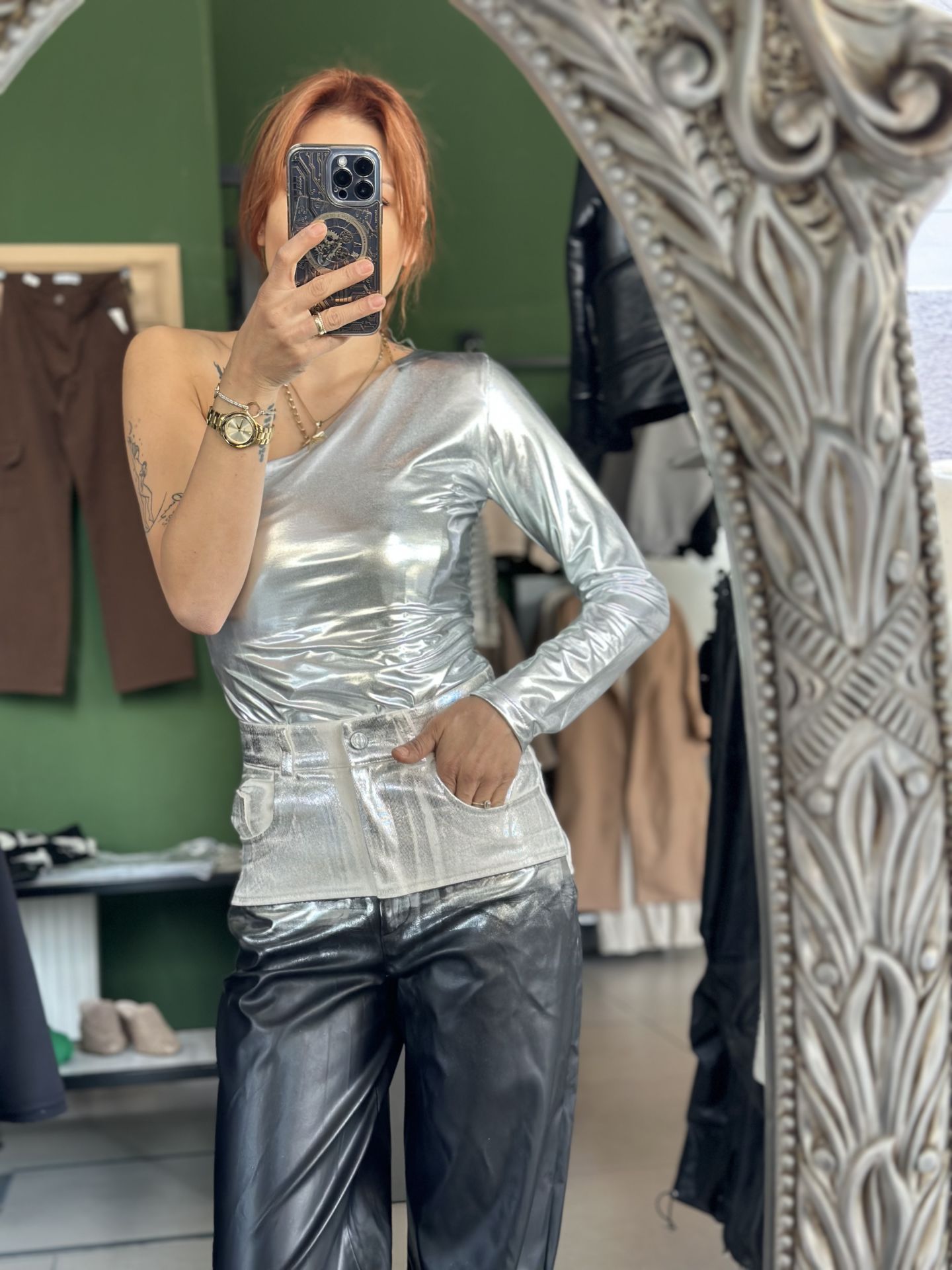 Tek Omuz Gümüş Renk Bodysuit