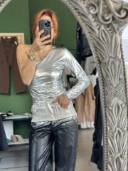 Tek Omuz Gümüş Renk Bodysuit