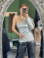 Tek Omuz Gümüş Renk Bodysuit