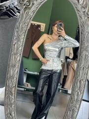Tek Omuz Gümüş Renk Bodysuit