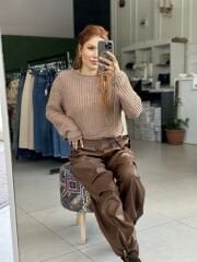 Deri Paçası Ve Beli Lastikli Kargo Pantolon