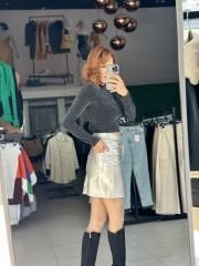 Gümüş Renk Mini Deri Etek