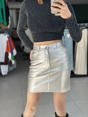 Gümüş Renk Mini Deri Etek