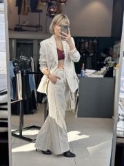 Kus Gözlü Çizgili Keten Blazer Ceket
