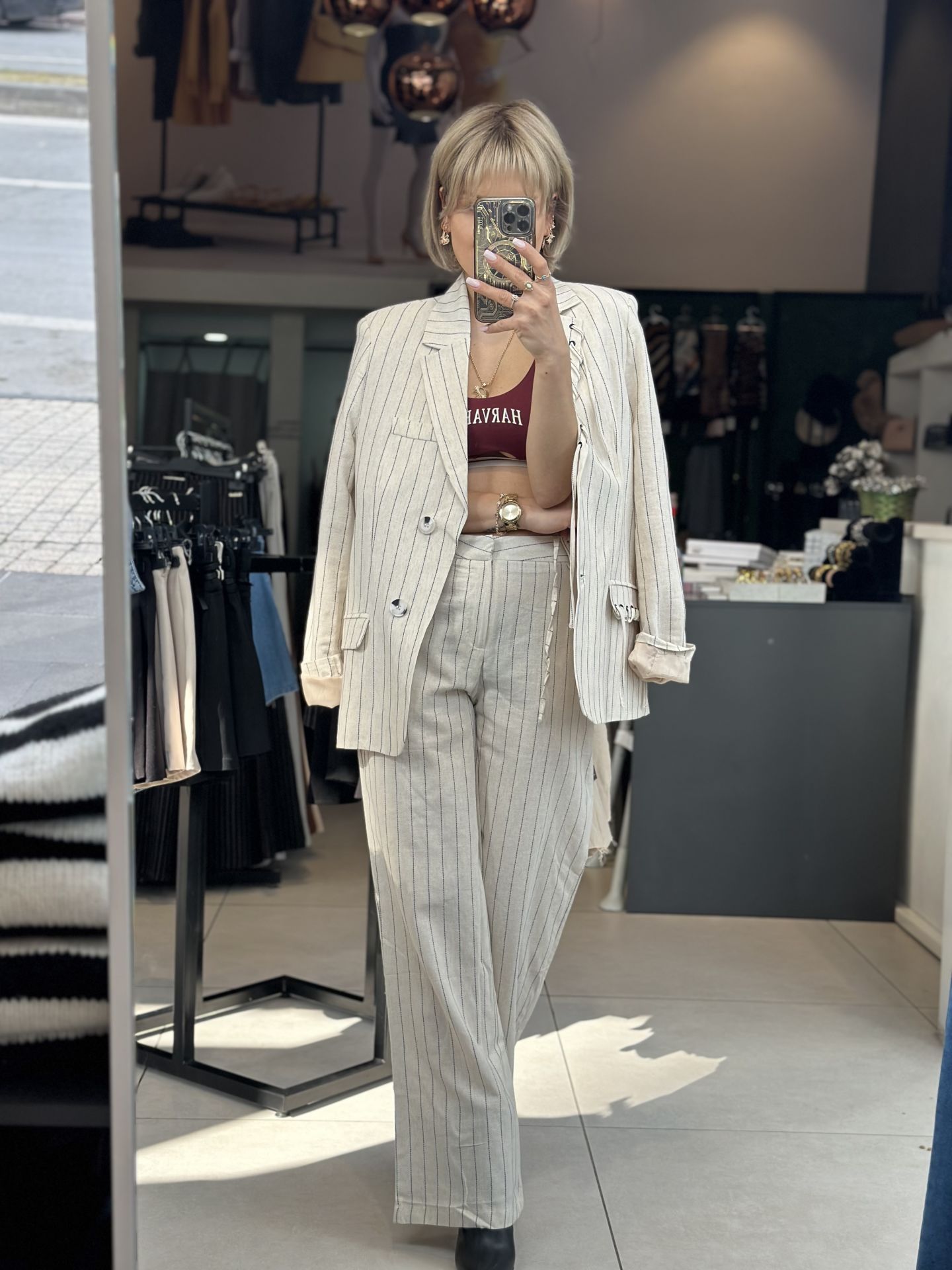 Kus Gözlü Çizgili Keten Blazer Ceket