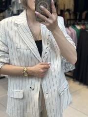 Kus Gözlü Çizgili Keten Blazer Ceket