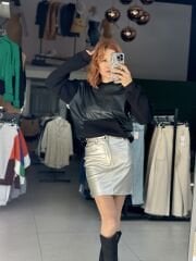 Deri Garnili Siyah Sweatshırt
