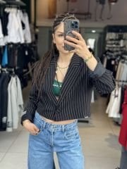 Kisa Çizgili Blazer Ceket