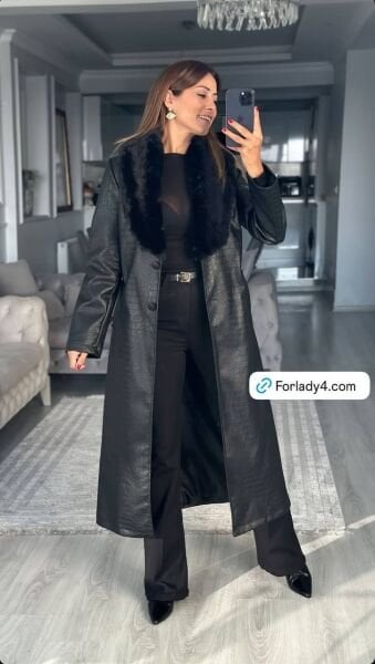 Kürk Yaka Detayli Deri Trenç