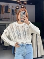 Yırtık Görünümlü Triko Crop Bluz