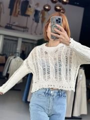 Yırtık Görünümlü Triko Crop Bluz