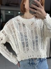 Yırtık Görünümlü Triko Crop Bluz