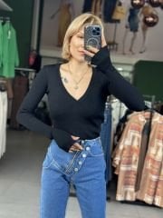 V Yaka Elit Triko Siyah Bodysuit