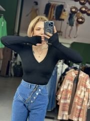 V Yaka Elit Triko Siyah Bodysuit