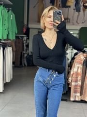 V Yaka Elit Triko Siyah Bodysuit