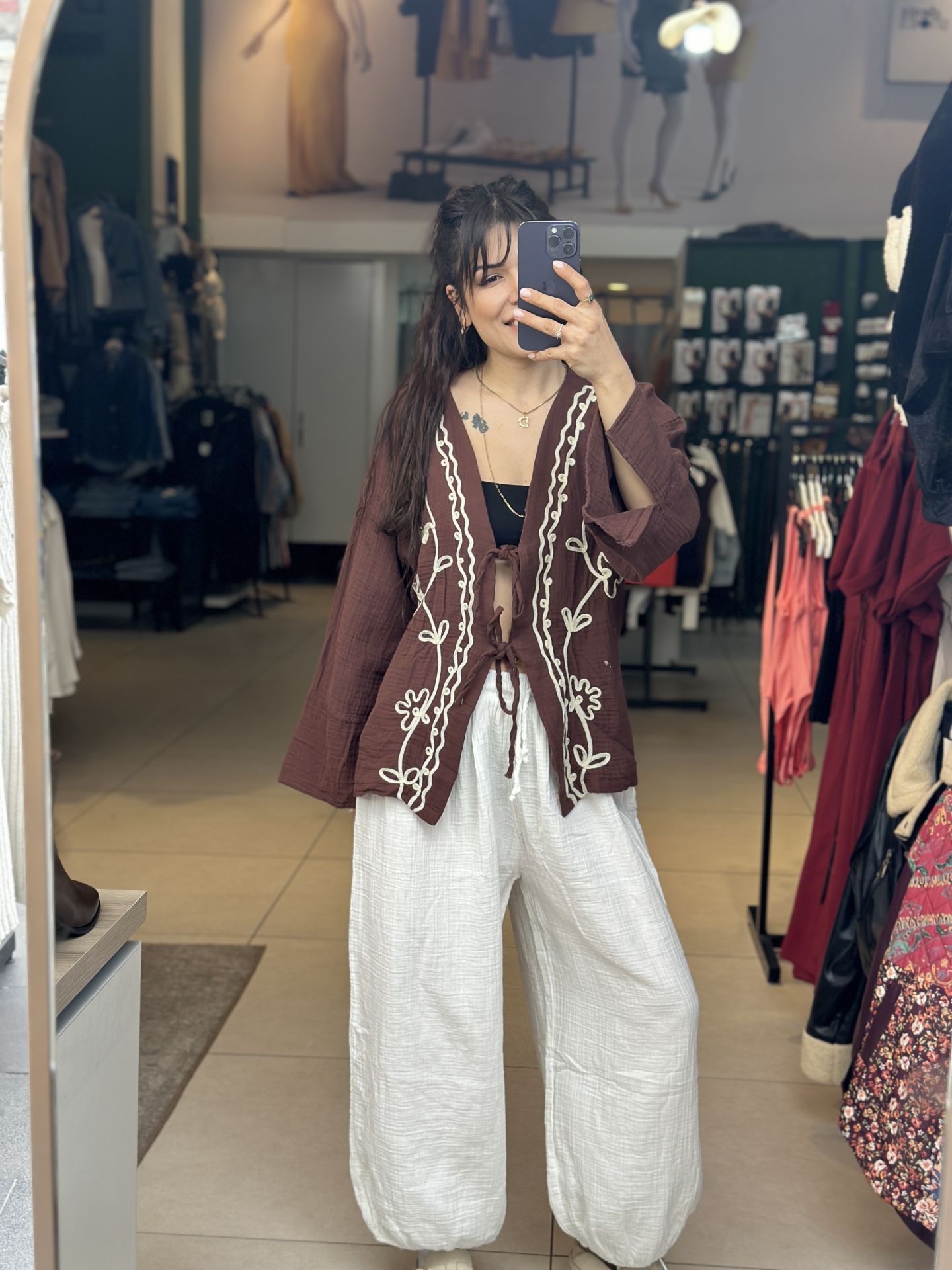 Islemeli Keten Kimono