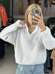 Kendinden Gömlekli Üç İplik Sweatshırt