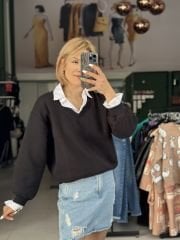 Kendinden Gömlekli Üç İplik Sweatshırt