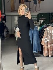 Balıkçı Yaka Yırtmaçlı Midi Boy Elbise