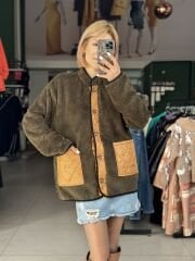 Yeşil Peluş Kare Cepli Ceket