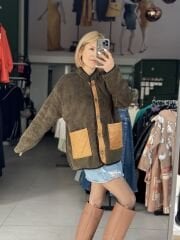 Yeşil Peluş Kare Cepli Ceket