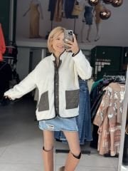 Ekru Peluş Kare Cepli Ceket