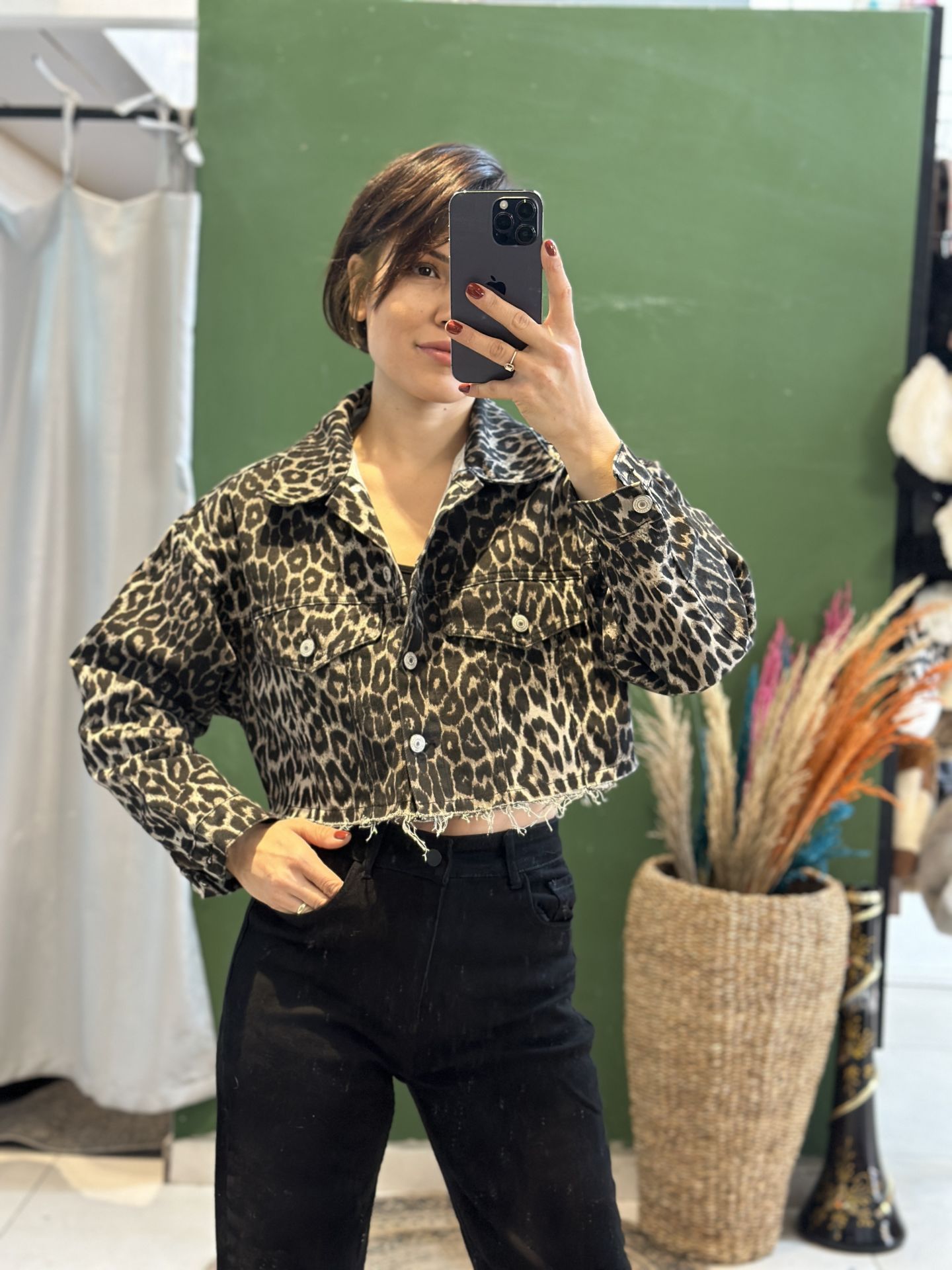 Leopar Desen Denim Ceket