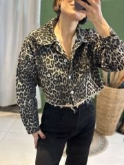 Leopar Desen Denim Ceket