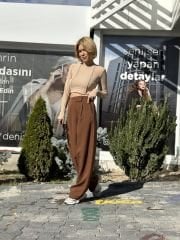 Bel Cırtlı Kumaş Palazzo Pantolon