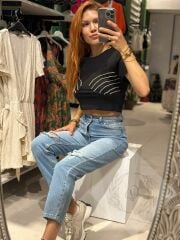 Yüksek Bel Yırtık Mom Jean