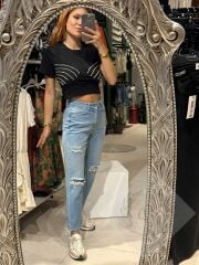 Yüksek Bel Yırtık Mom Jean