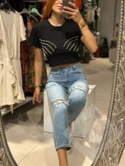 Yüksek Bel Yırtık Mom Jean