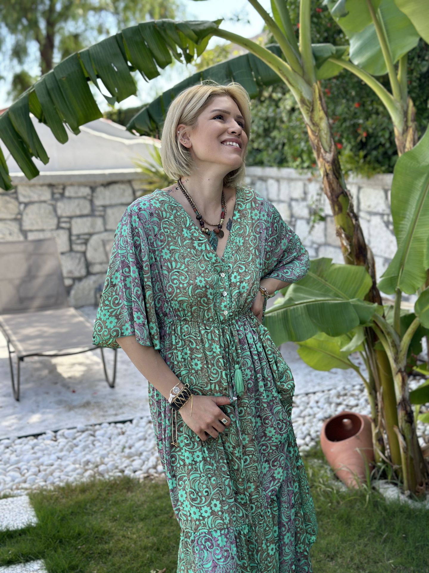 Bel Lastikli Saf İpek Elbise