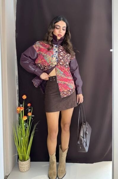 Deri Detaylı Kapitone Ceket