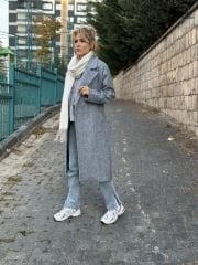 Zikzak Desenli Yün Efekt Kaşe Kaban Mavi