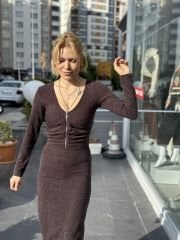 Yarım Fermuar Midi Boy Gipeli Elbise