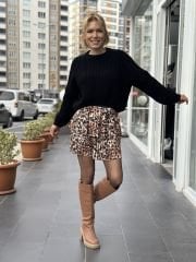 Piliseli Zebra-Leopar Desenli İki Kat Şortlu Etek