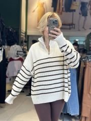 Oversize Kahverengi Çizgili Uzun Yarım Fermuarlı Kazak