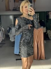 Omuz Pencereli Pul Payet Mini Elbise