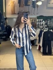 Çizgili Saten Gömlek lacivert - L