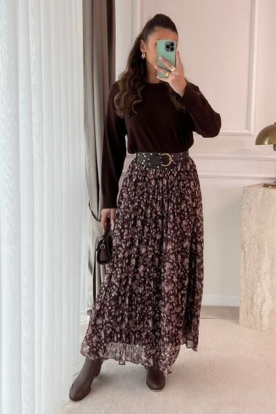 Uzun Çiçek Detaylı Şifon Etek