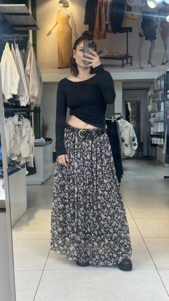 Uzun Çiçek Detaylı Şifon Etek