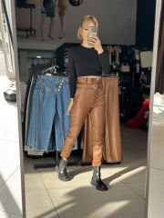 Süper Yüksek Bel Kemerli Deri Pantolon