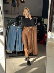 Süper Yüksek Bel Kemerli Deri Pantolon