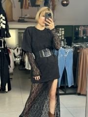 Uzun Tül Elbise Üstüne Oversize Tshırt-Elbise