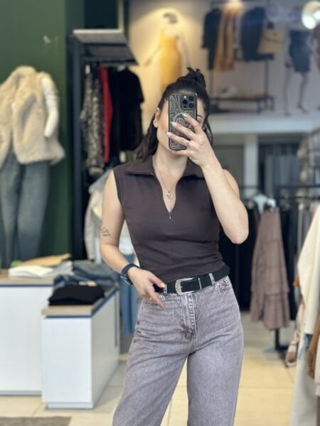 Polo Yaka Fermuarlı Bluz