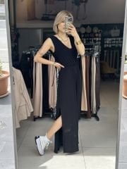 Sifir Kol Sirt Bagcikli Yirtmaçli Elbise